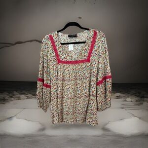 Lane Bryant Boho Floral Peasant Blouse Crochet Trim Plus Size 14/16 Modern